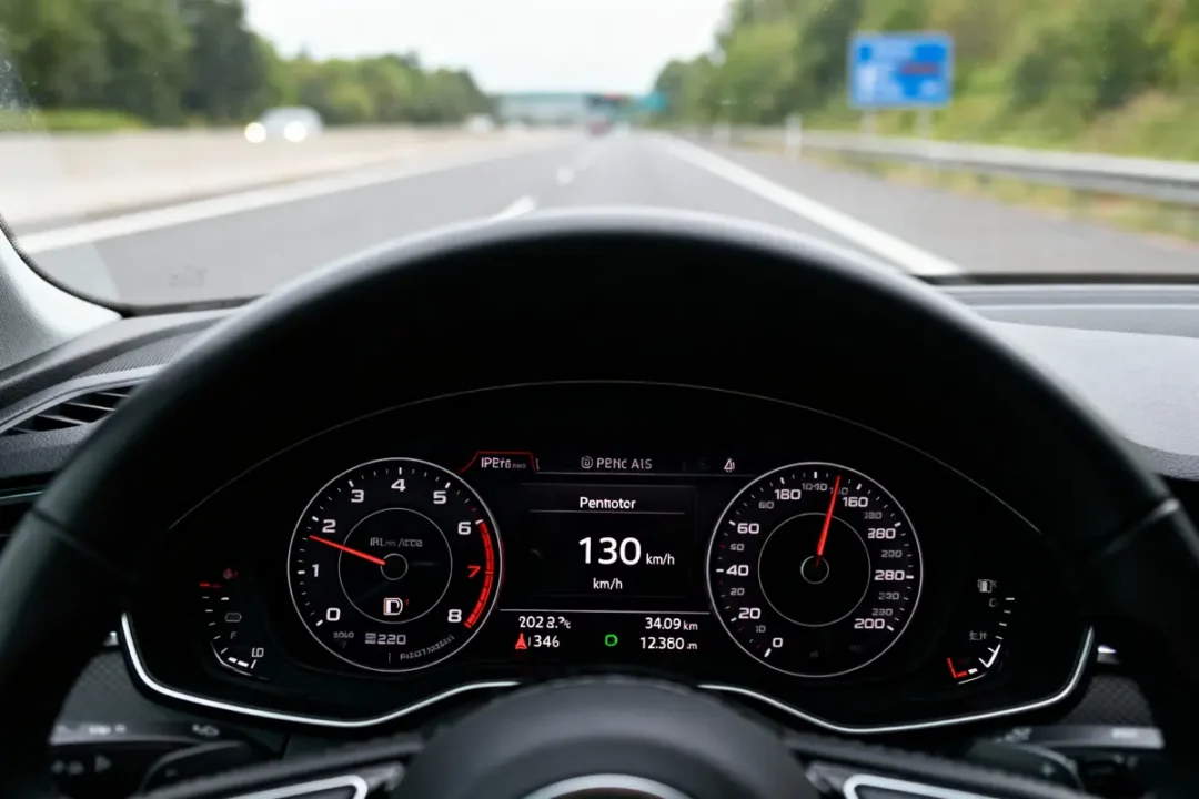 Tableau de bord d'une voiture roulant à 130 km/h sur une autoroute dégagée, vue conducteur.