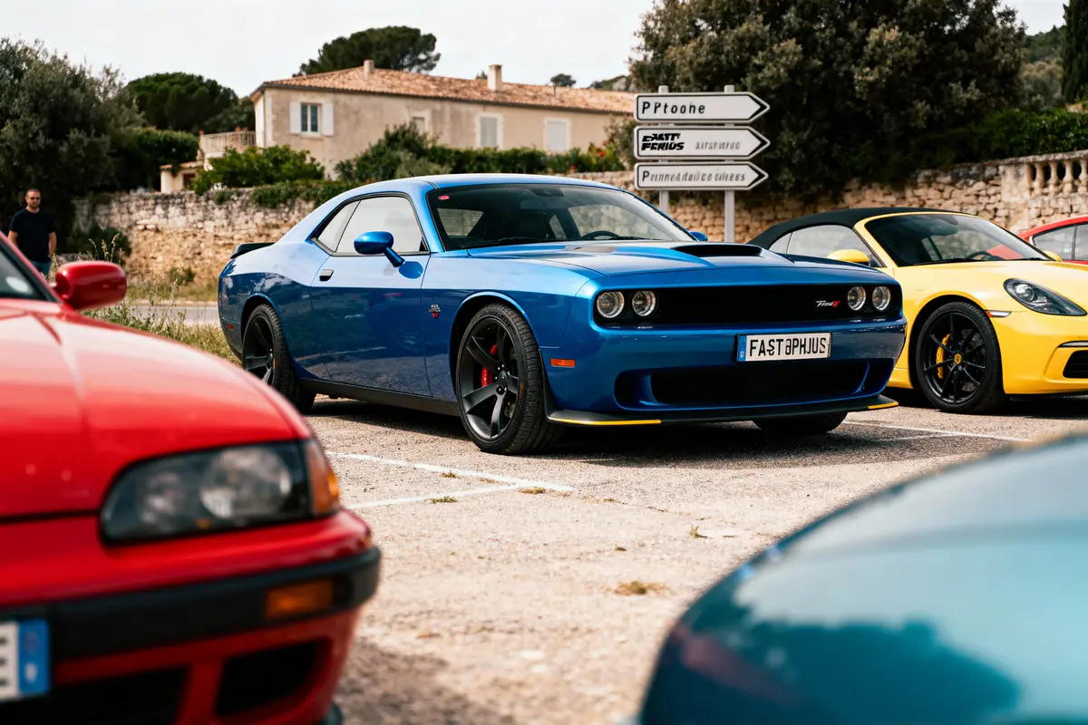 Voitures de sport colorées garées, Dodge Challenger bleue, panneaux directionnels humoristiques, bâtiments en arrière-plan.