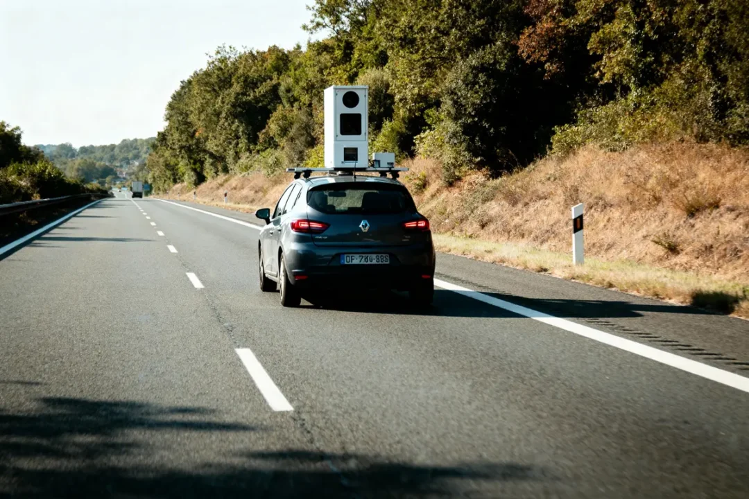 Voiture avec radar mobile sur autoroute bordée d'arbres, sous ciel partiellement ensoleillé.