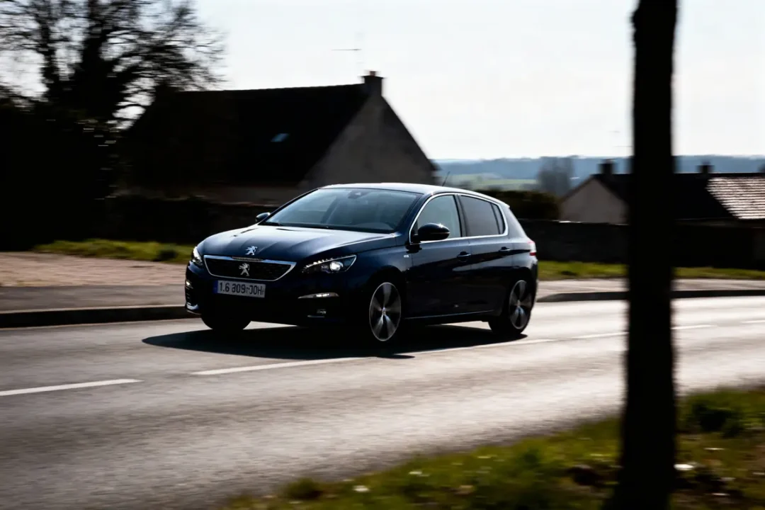 Voiture noire Peugeot roulant sur route de campagne, maisons et arbres en arrière-plan.