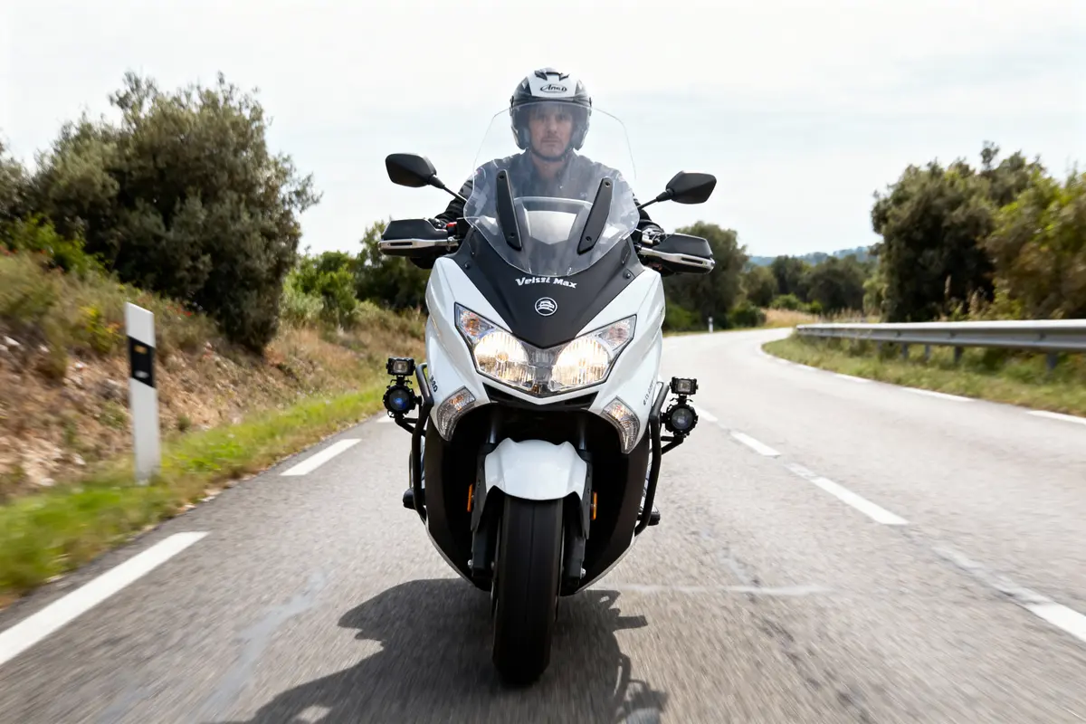 Motard sur grande route sinueuse, au guidon d'une moto blanche, paysage naturel en arrière-plan.