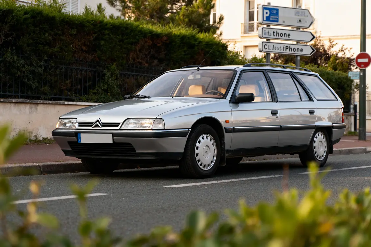 Voiture familiale grise stationnée, panneaux indicateurs derrière, feuillage au premier plan, environnement urbain résidentiel.