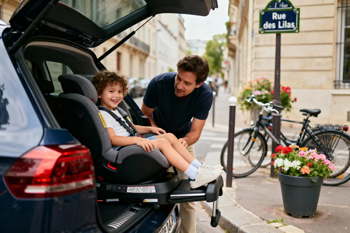 Un enfant souriant dans un siège auto, homme ajustant la ceinture, rue parisienne en arrière-plan.