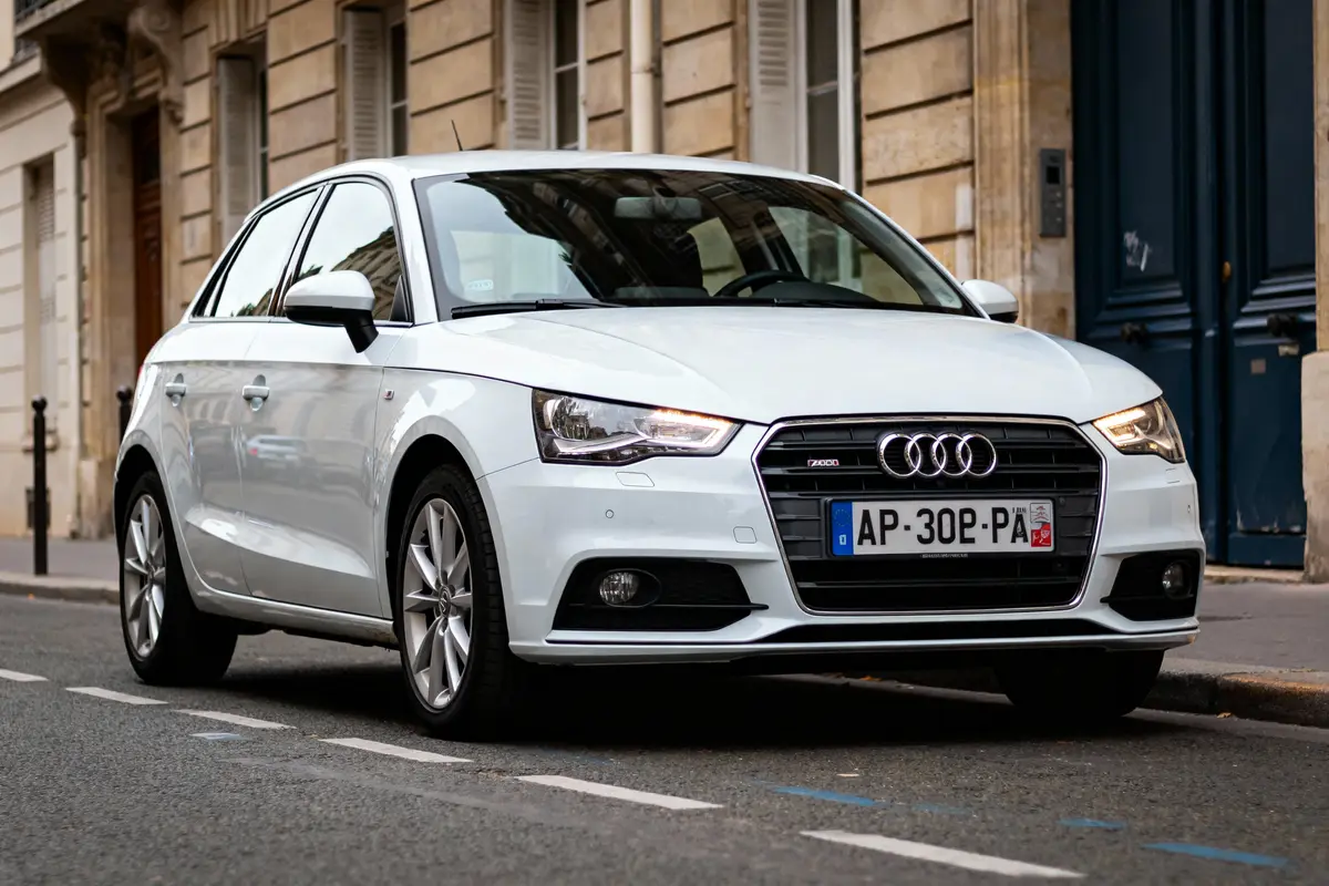 Voiture blanche Audi A1 garée dans une rue urbaine, bâtiments en arrière-plan.