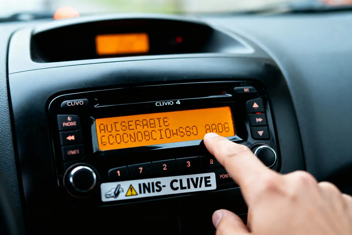 Main appuyant sur un écran de tableau de bord de voiture avec texte orange affiché.