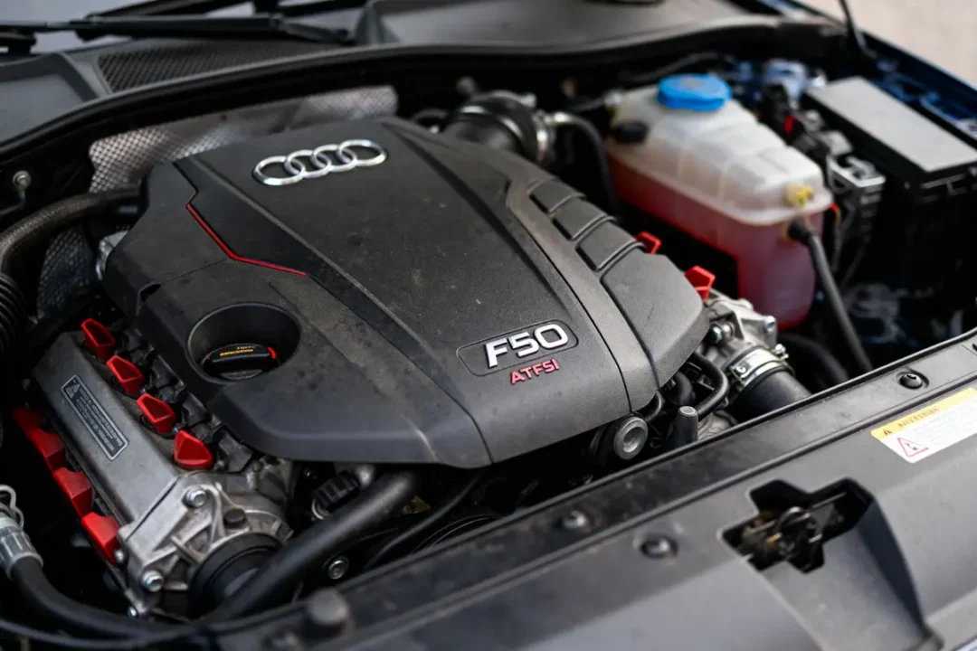 Moteur Audi F50 TFSI dans un compartiment de voiture, logo Audi visible.