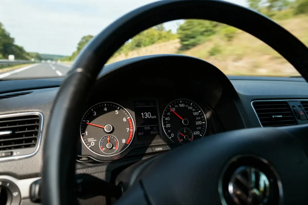 Volant de voiture Volkswagen, tableau de bord affichant 130 km/h sur autoroute dégagée. Paysage flou à l'extérieur.