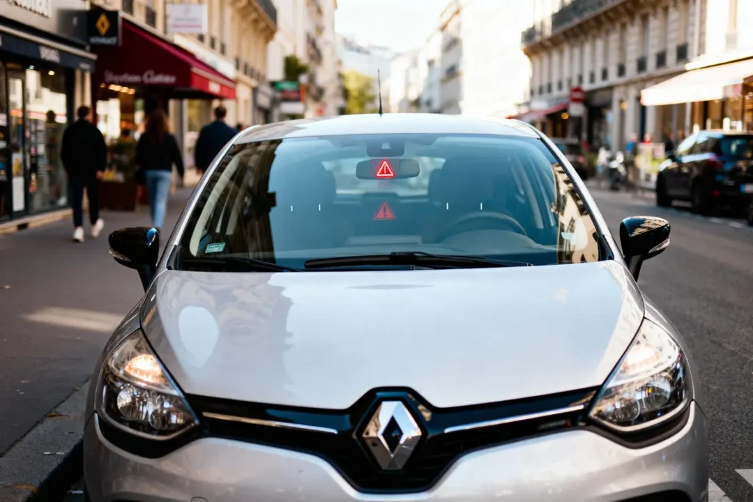 Voiture Renault grise avec voyant d'urgence allumé, stationnée en ville, piétons sur le trottoir.