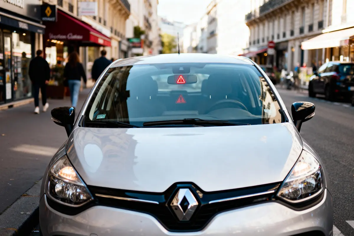Voiture Renault grise avec voyant d'urgence allumé, stationnée en ville, piétons sur le trottoir.