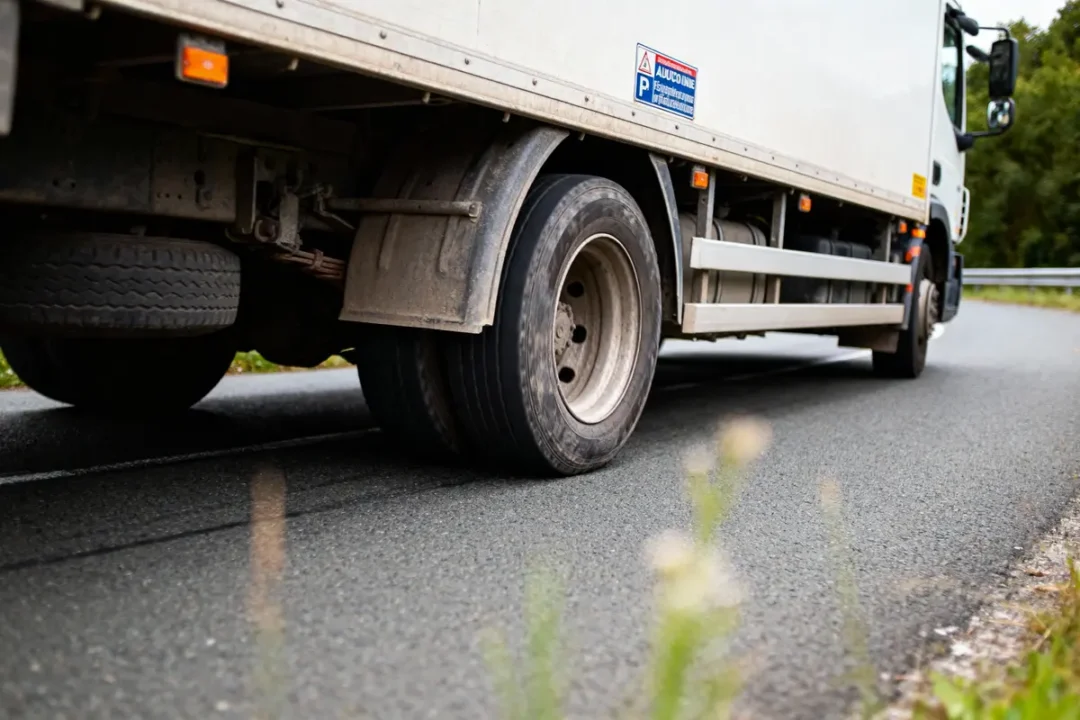 Camion blanc roulant sur une route, vue en contre-plongée des roues arrière et côté droit.