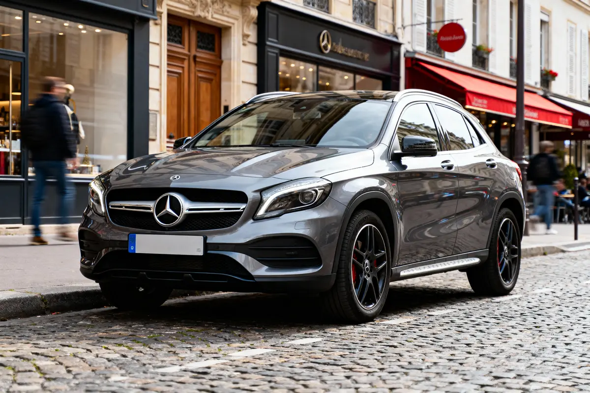 Voiture Mercedes grise garée sur une rue pavée, devant des magasins en arrière-plan.