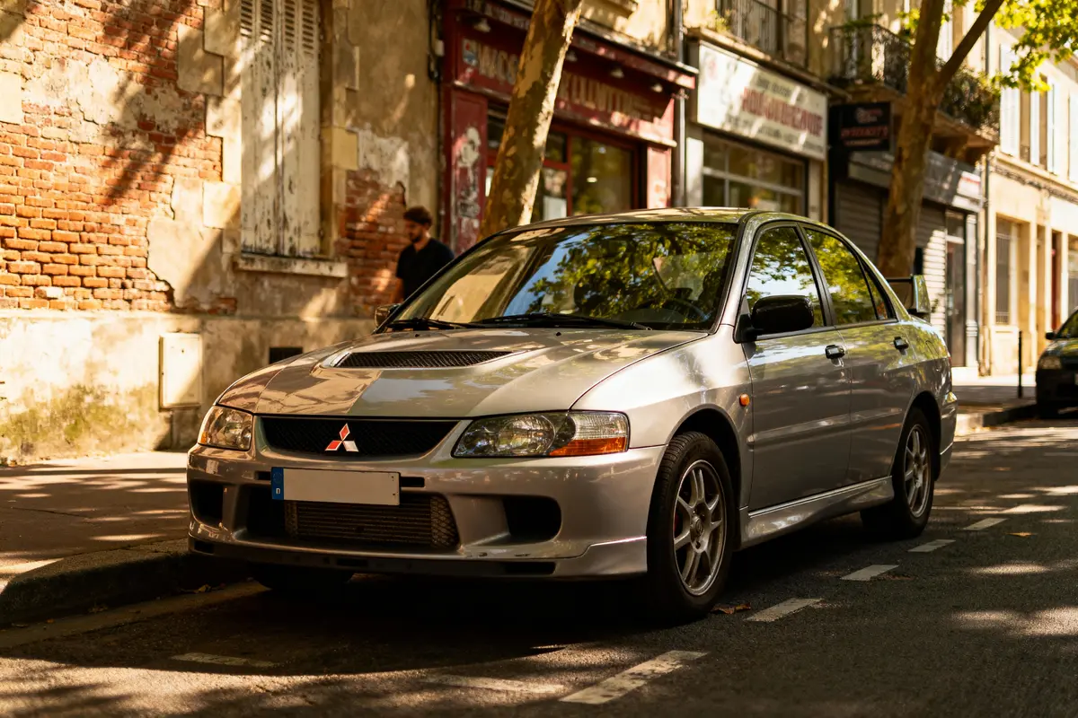 Voiture argentée Mitsubishi garée sur rue ensoleillée, façades en arrière-plan, ombres d'arbres sur trottoir.