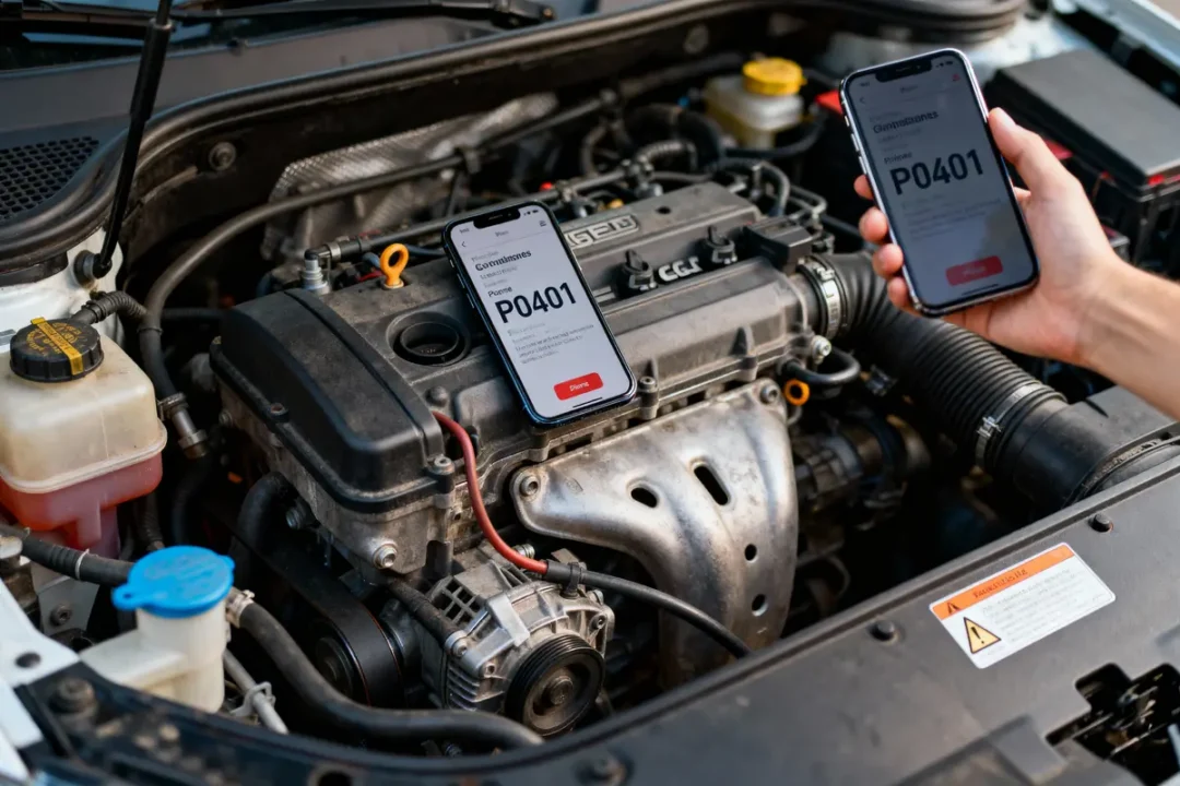 Compartiment moteur avec deux téléphones affichant le code défaut P0401 sur l'écran.
