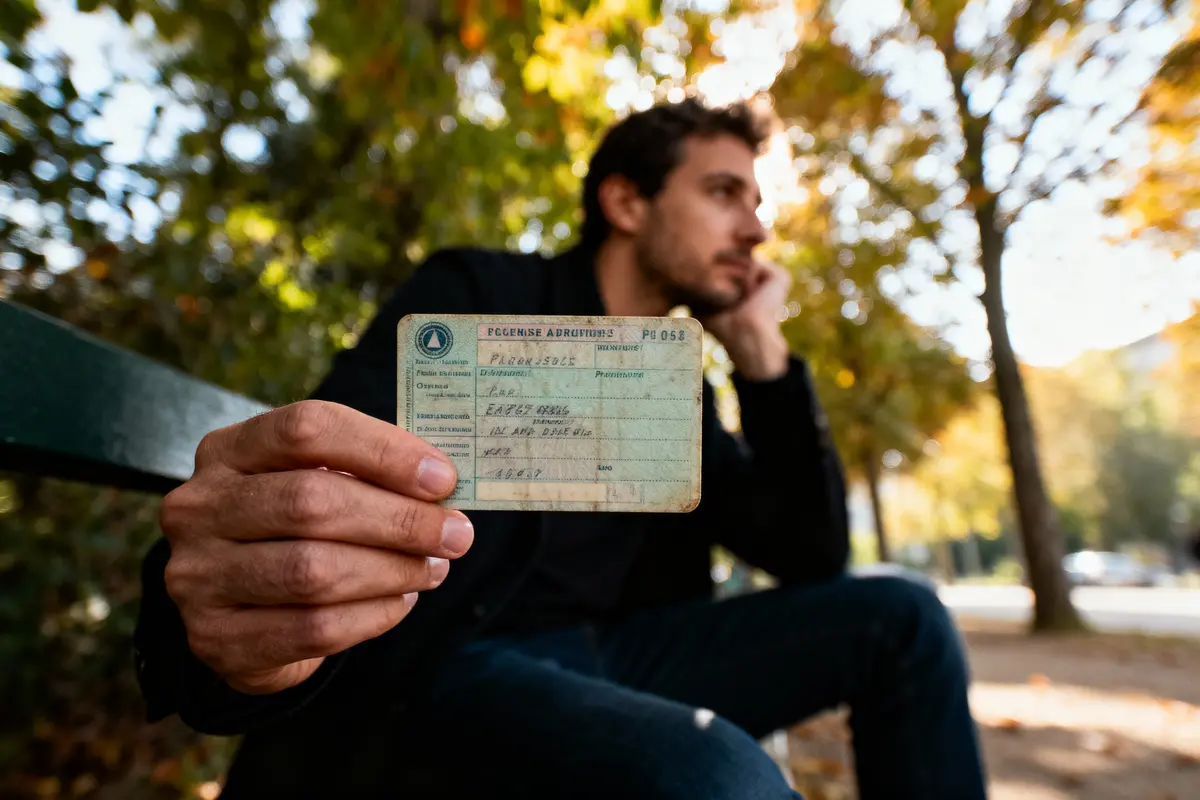 Homme montrant une carte d'identité ancienne, assis sur un banc, fond flou d'arbres automnaux.