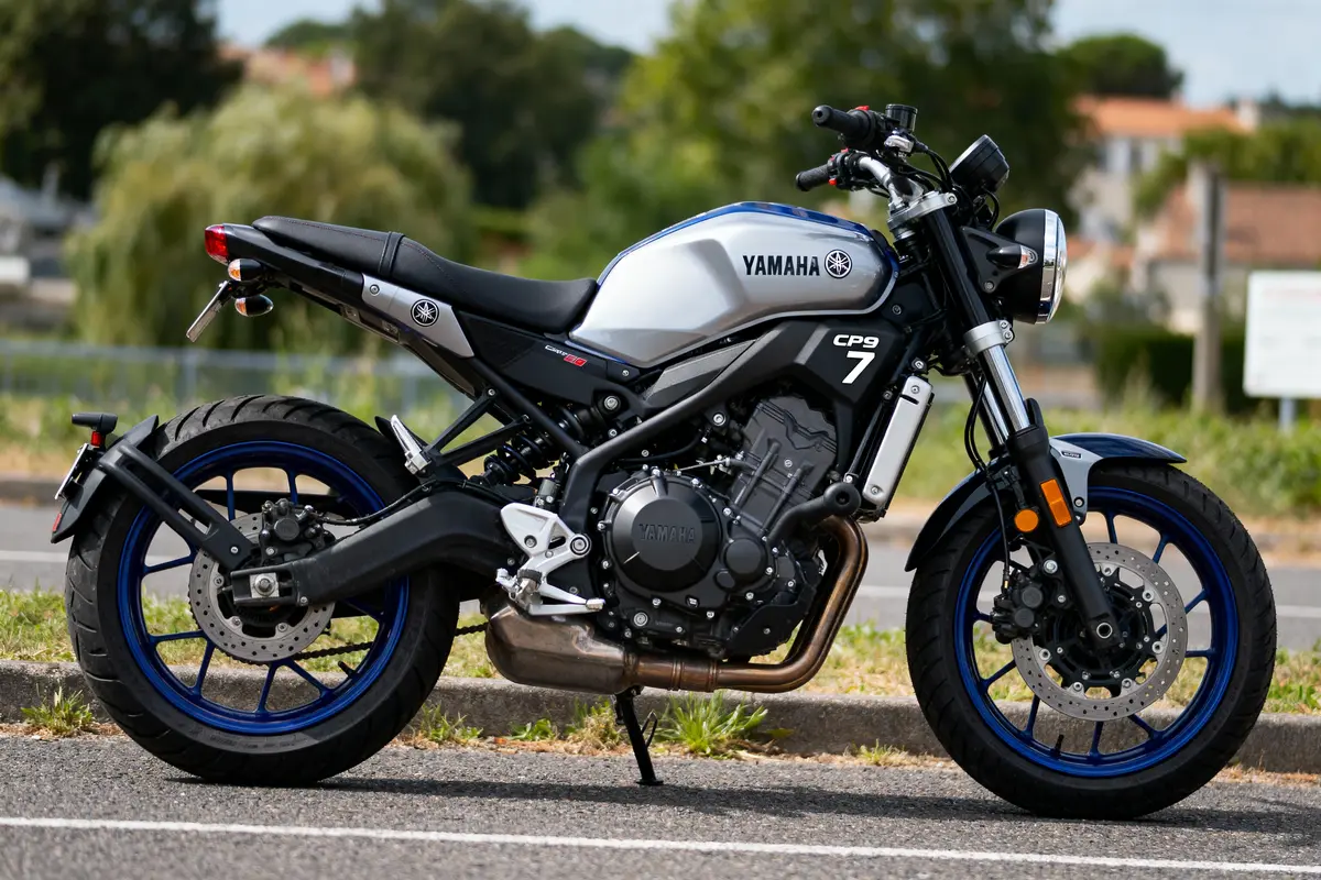 Moto Yamaha argentée, modèle CP9, garée sur une route, fond nature floue.