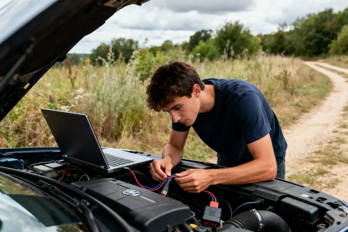 Jeune homme répare moteur de voiture, connecte câbles, utilise ordinateur portable, en plein air.