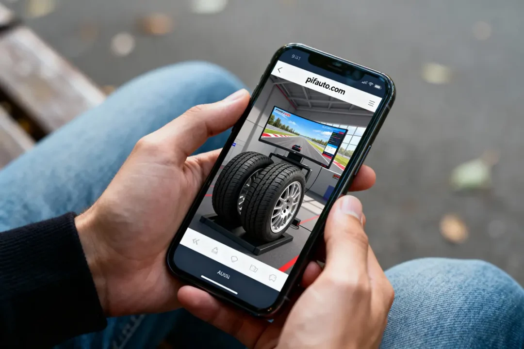 Une personne tient un smartphone affichant un site web d'automobile avec des pneus et un simulateur.