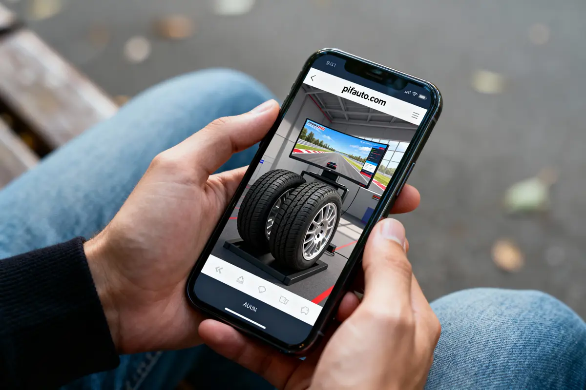 Une personne tient un smartphone affichant un site web d'automobile avec des pneus et un simulateur.