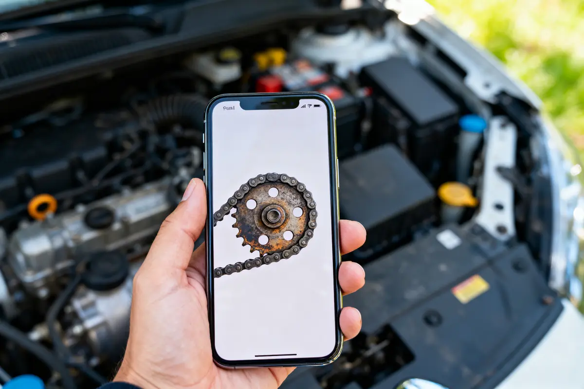 Personne tenant un smartphone affichant une chaîne et un pignon, devant un moteur de voiture ouvert.