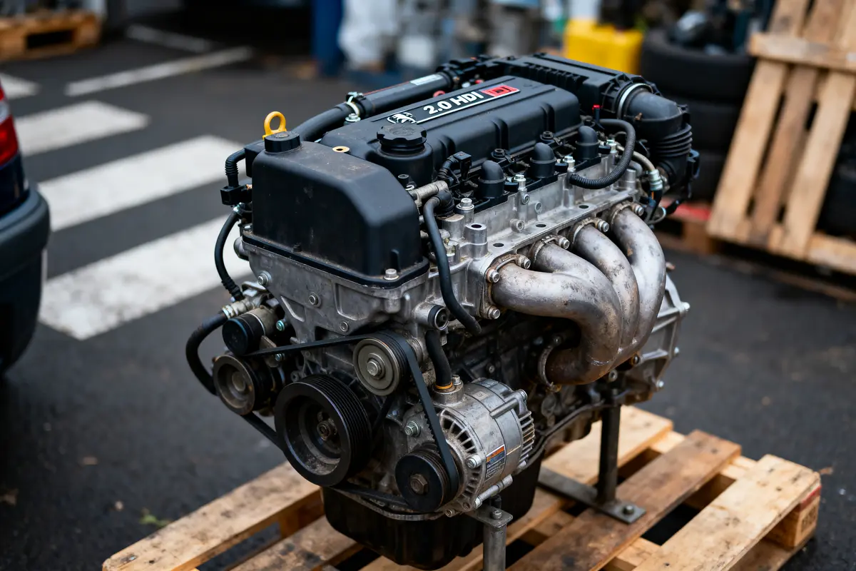 Moteur diesel 2.0 HDi sur palette en extérieur, près de passages piétons, environnement industriel.