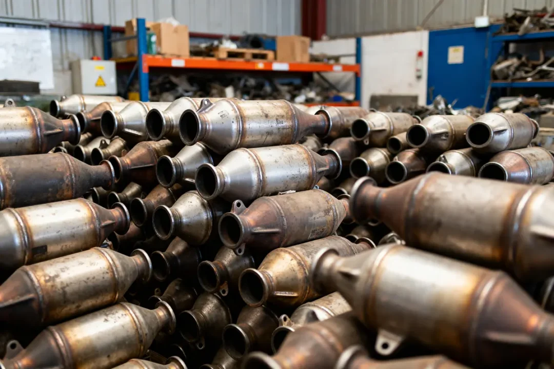 Pile de catalyseurs usagés en métal dans un entrepôt industriel, étagère en arrière-plan.