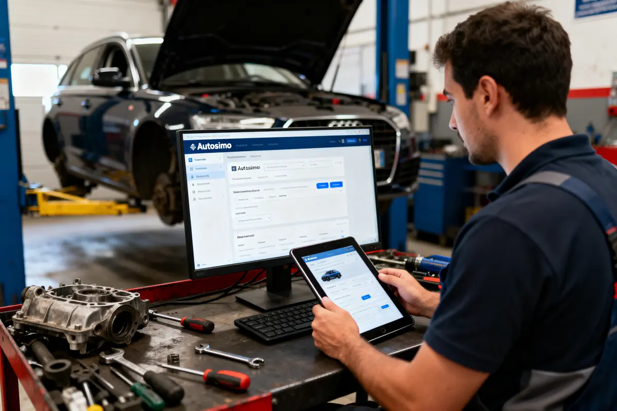 Mécanicien utilise tablette et ordinateur pour diagnostiquer une voiture en réparation dans un atelier automobile.