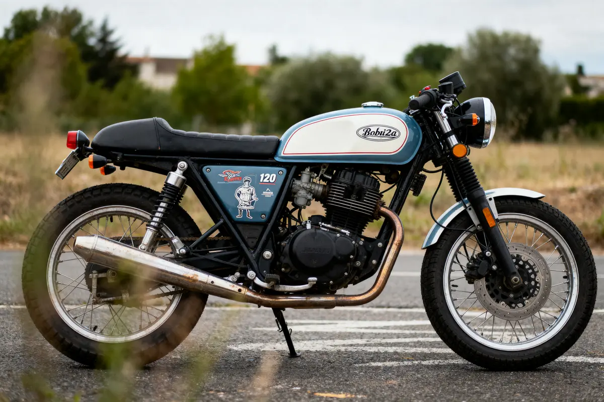 Moto vintage Bobber, réservoir blanc, cadre noir, autocollants, stationnée sur route, arrière-plan flou de nature.