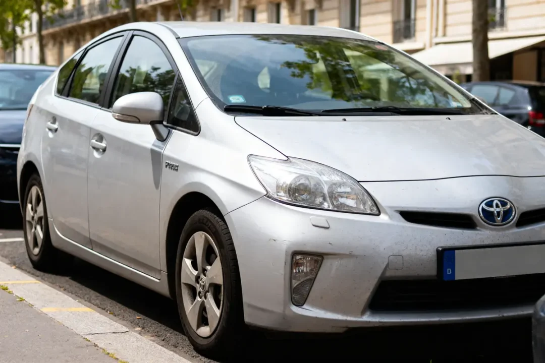 Voiture Toyota Prius argentée garée en ville, rue bordée d'arbres et bâtiments résidentiels.