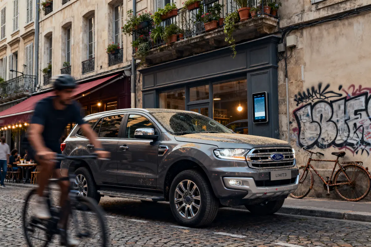 SUV gris garé sur rue pavée, cycliste flou devant, graffiti et terrasse de café en arrière-plan.