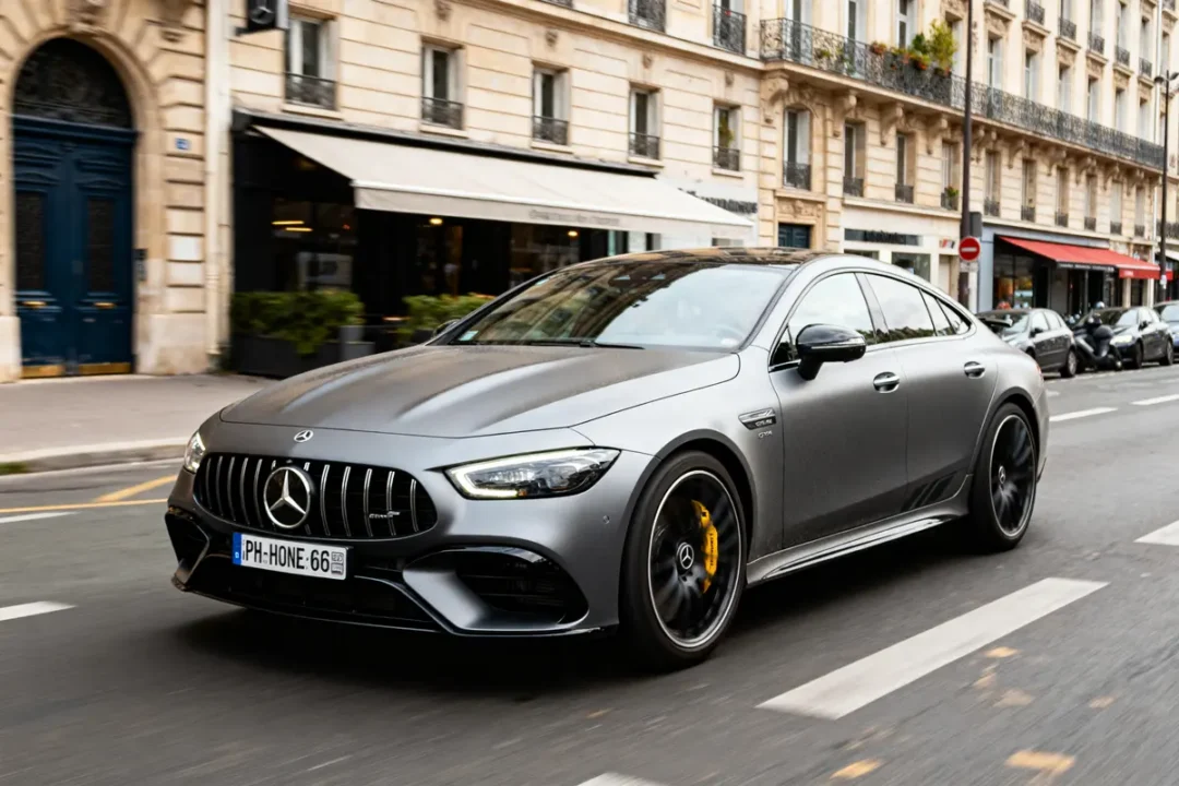 Voiture grise Mercedes-Benz AMG GT en mouvement, rue urbaine avec bâtiments en arrière-plan.