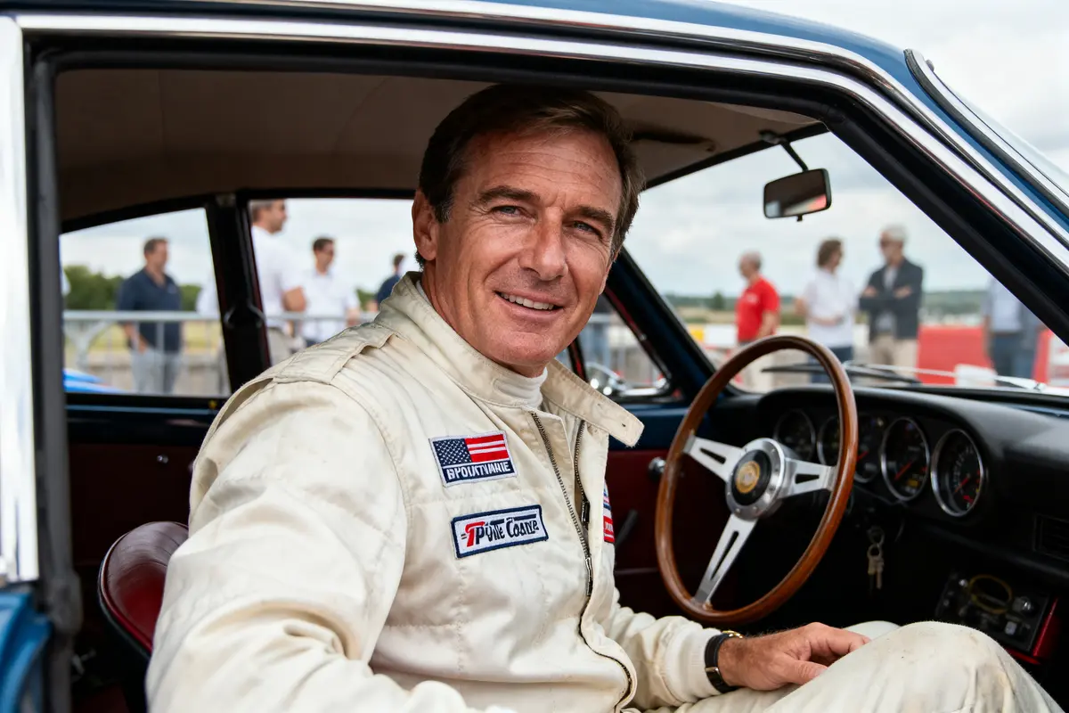 Homme souriant en combinaison de course dans une voiture ancienne, au volant, avec des spectateurs en arrière-plan.