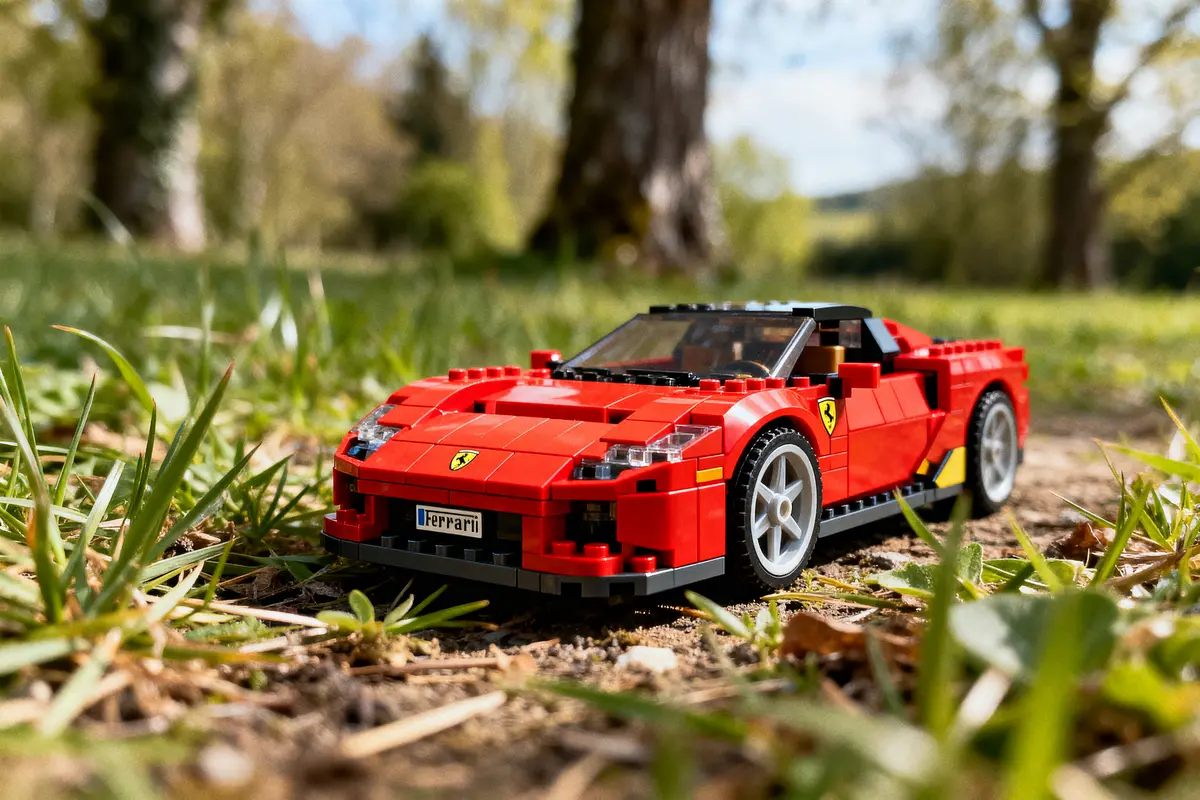 Voiture Lego Ferrari rouge sur sol terreux entourée d'herbe, arbres flous en arrière-plan. Jour ensoleillé.