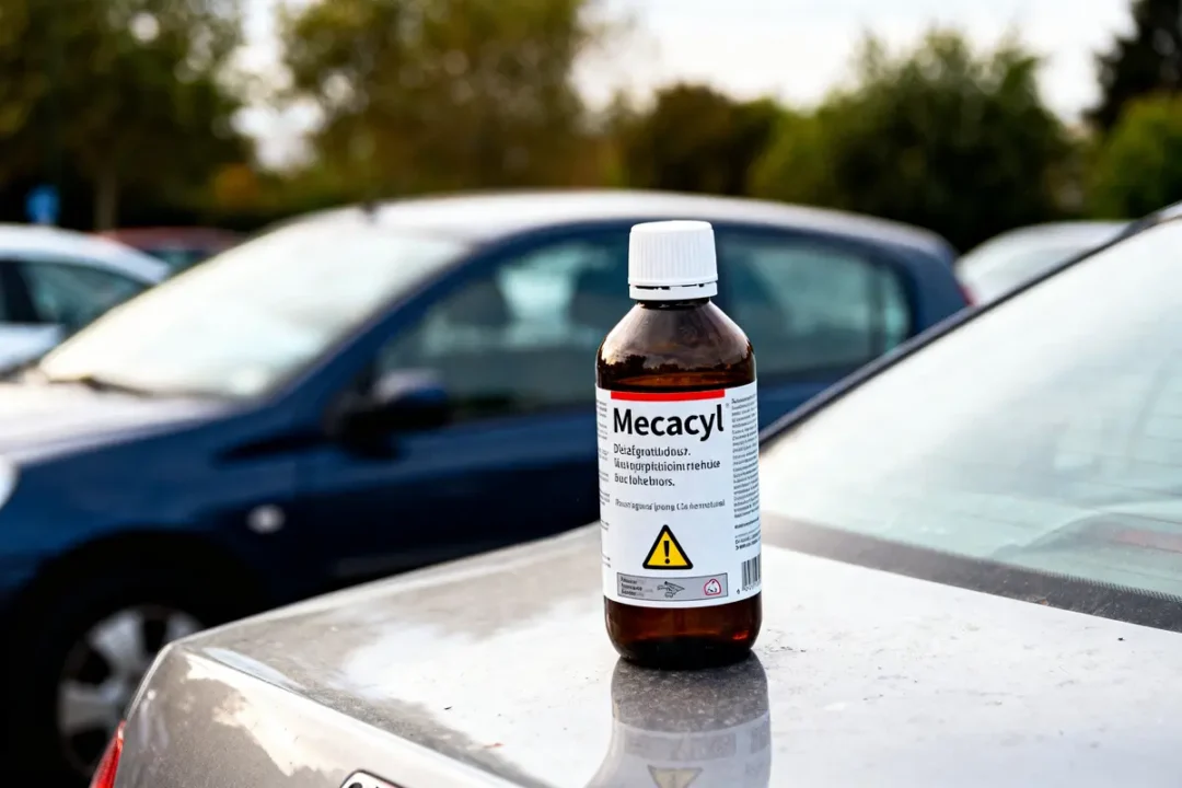 Bouteille de Mecacyl posée sur le capot d'une voiture dans un parking, voitures en arrière-plan.