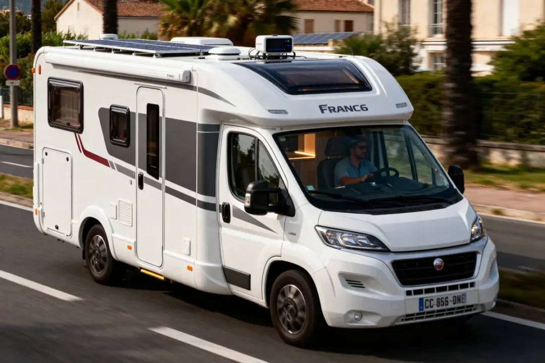 Camping-car blanc circulant sur une route bordée de palmiers, conducteur visible, bâtiments en arrière-plan.