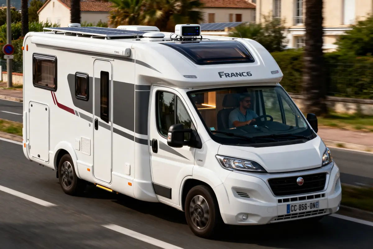Camping-car blanc circulant sur une route bordée de palmiers, conducteur visible, bâtiments en arrière-plan.