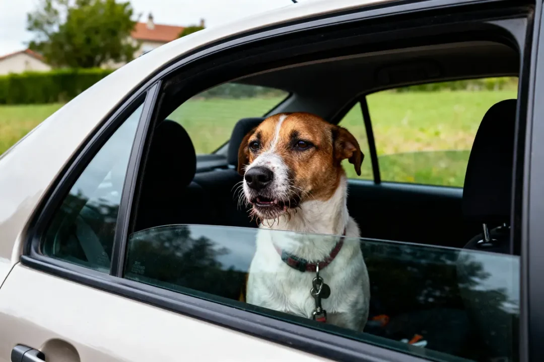 Chien assis dans une voiture, regardant par la fenêtre légèrement ouverte, devant un paysage verdoyant.