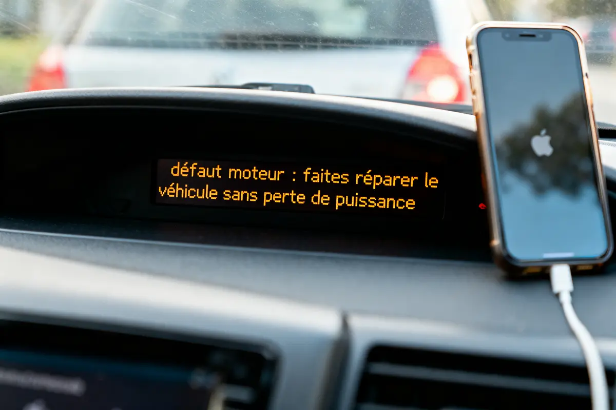 Tableau de bord de voiture : défaut moteur signalé, téléphone branché affichant logo Apple.