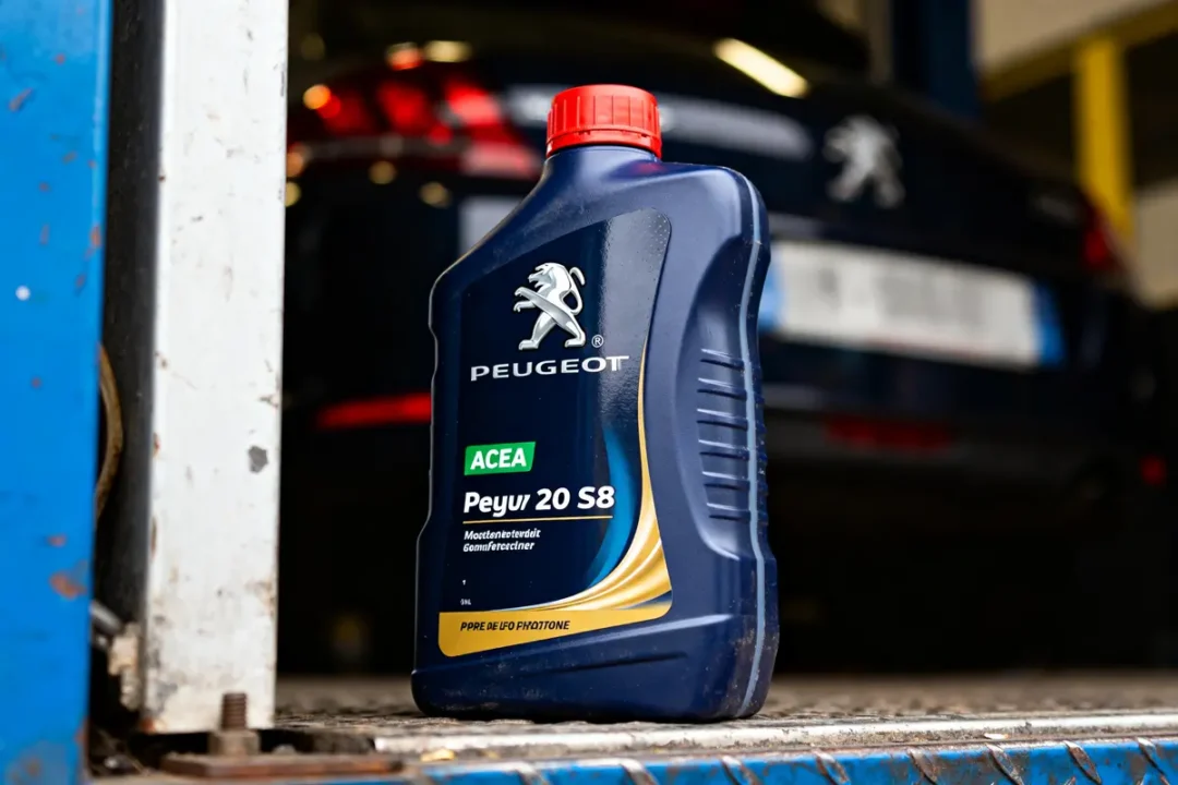Bidon d'huile Peugeot, sur fond de voiture floue, avec bouchon rouge et logo lion. Environnement garage.