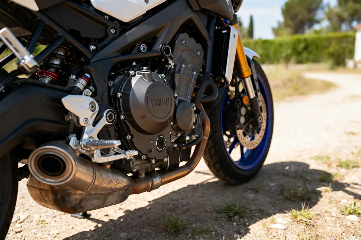 Moteur et échappement d'une moto Yamaha bleue, garée sur un chemin terreux, ensoleillé, avec verdure en arrière-plan.