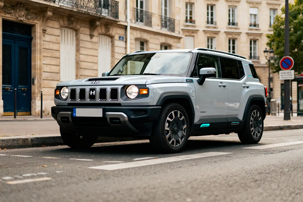 SUV gris stationné dans une rue parisienne, bâtiments historiques en arrière-plan.