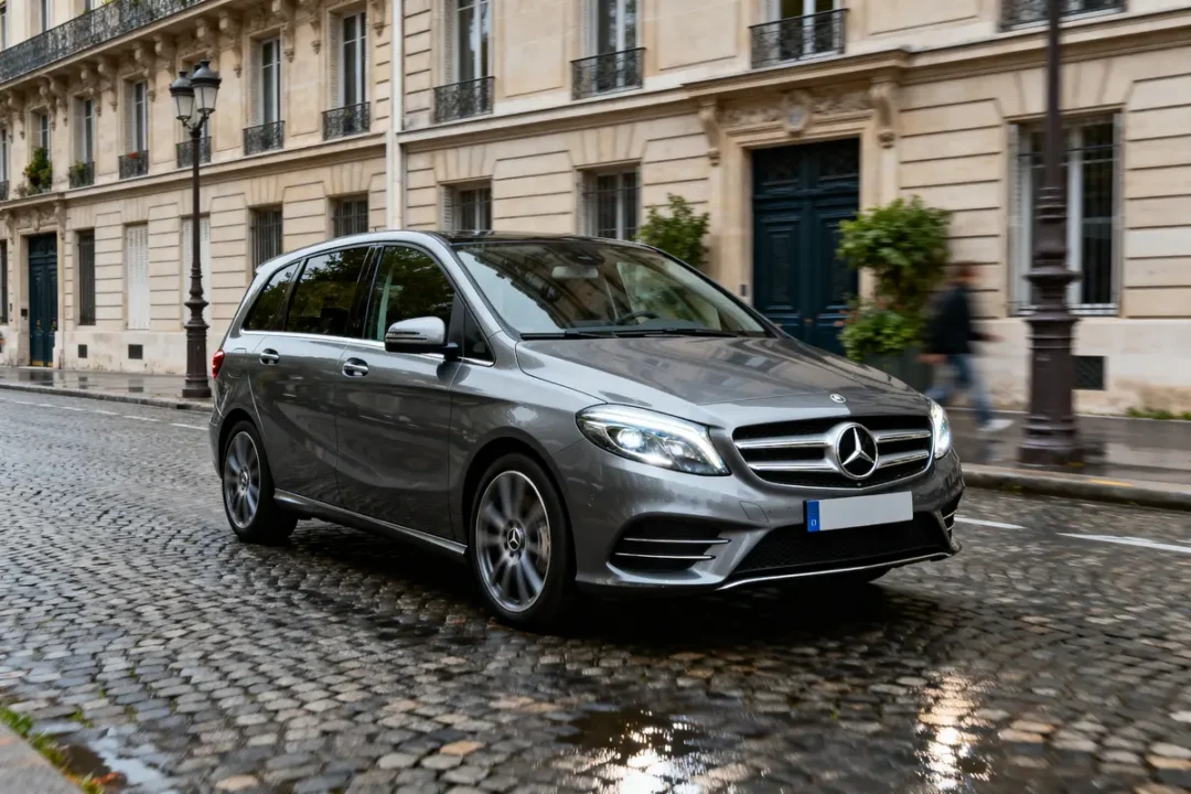Voiture grise Mercedes roulant dans une rue pavée devant des bâtiments historiques. Temps légèrement pluvieux.