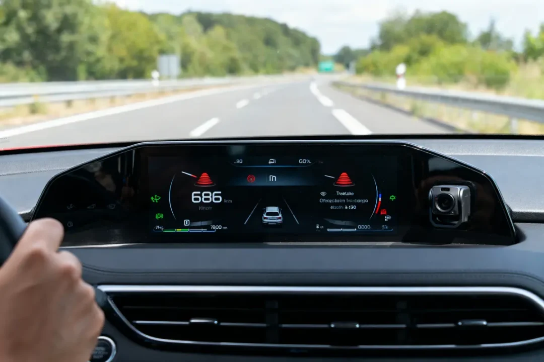 Tableau de bord de voiture affichant l'autonomie, avec vue de la route dégagée et chauffeur tenant le volant.