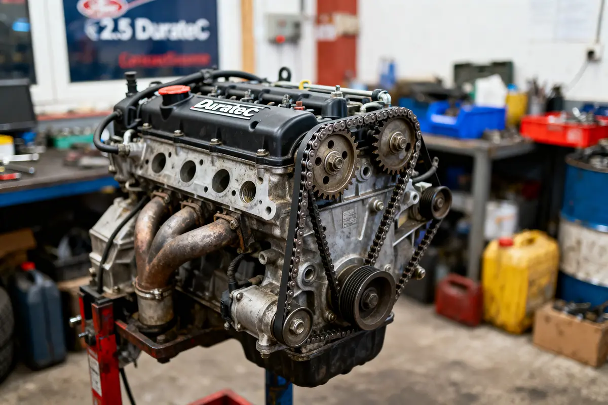 Moteur Duratec dans un atelier mécanique, vu de côté, chaînes et poulies visibles.