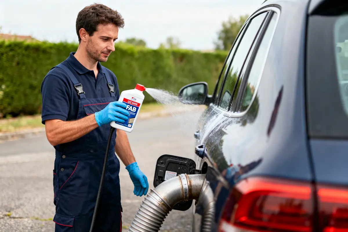 Technicien versant additif dans le réservoir d'une voiture, portant des gants bleus et une combinaison.
