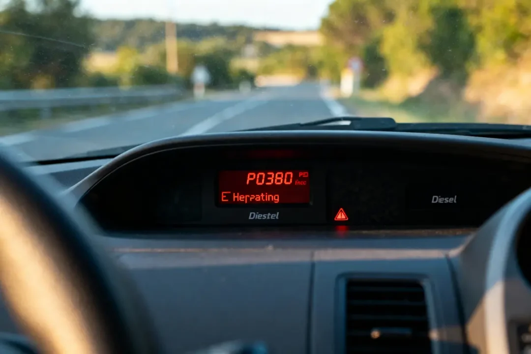Vue intérieure voiture, voyant d'alerte allumé, message d'erreur P0380, route dégagée à l'extérieur.