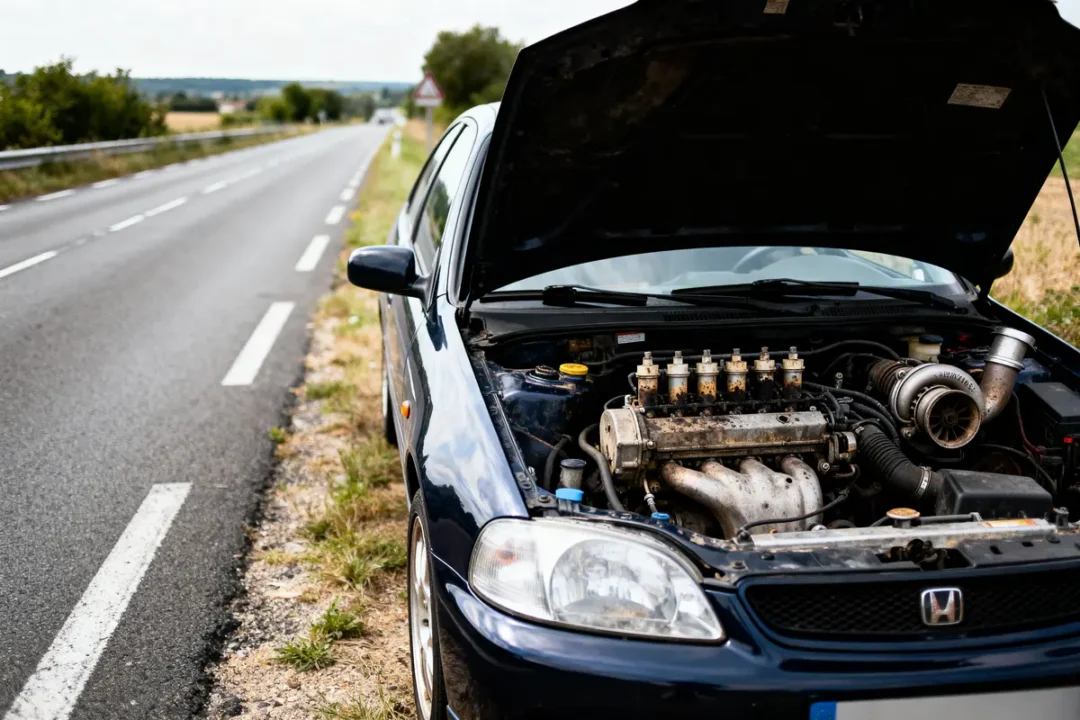 Voiture en panne sur le bord de la route, capot ouvert révélant le moteur.