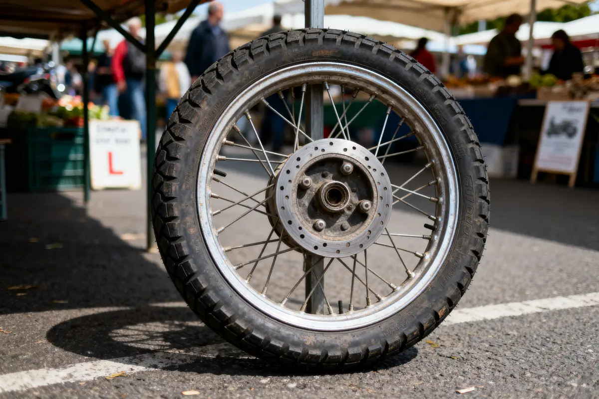 Roue de moto usagée posée verticalement au marché, fond avec personnes et étals flous.