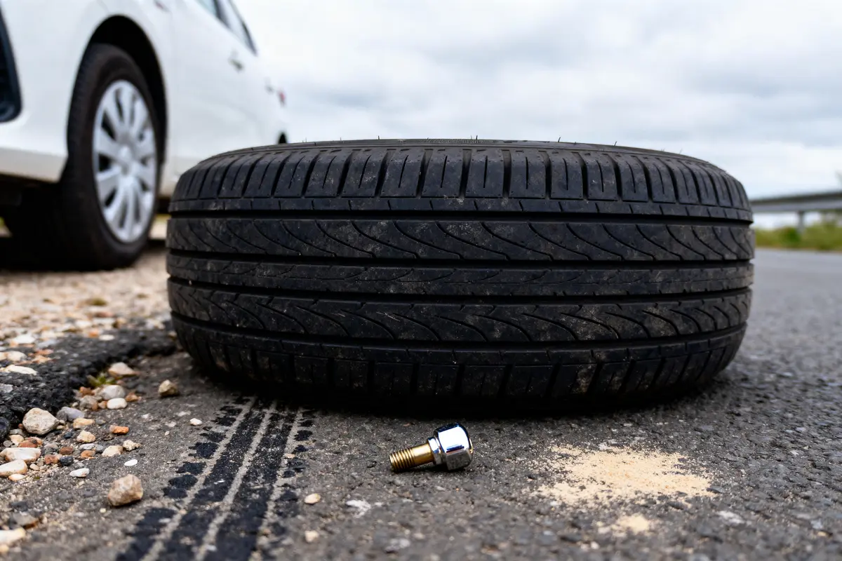 Pneu détaché avec écrou sur route, voiture blanche en arrière-plan.