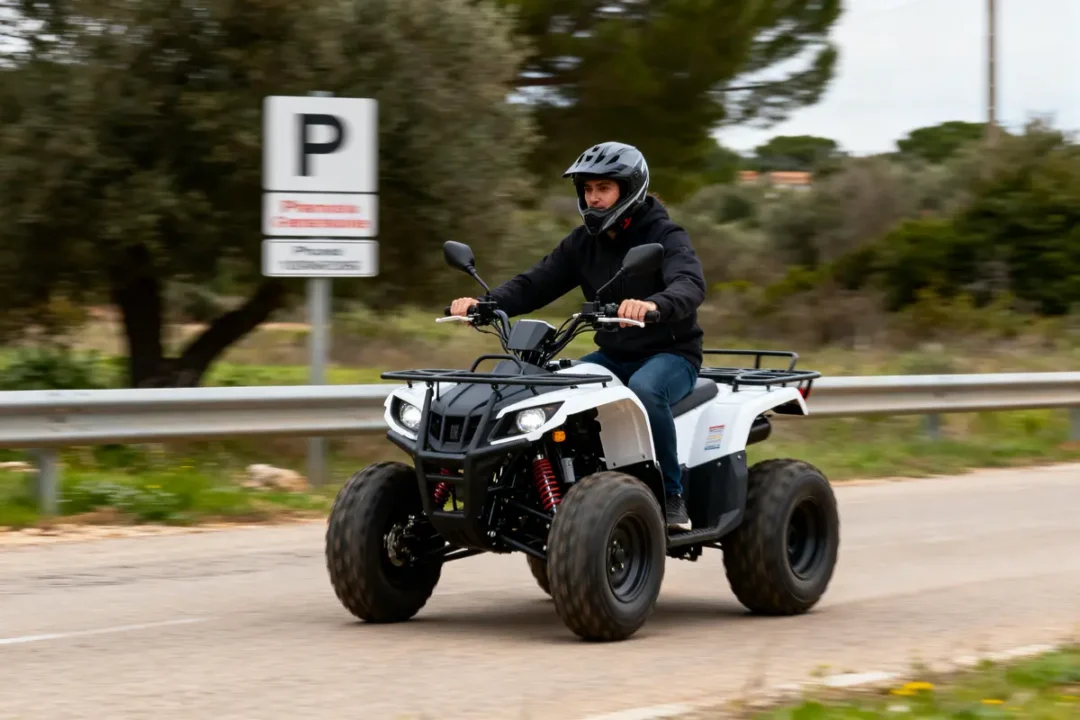 Homme portant casque conduisant un quad blanc sur route, paysage boisé en arrière-plan, panneau "Parking" visible.
