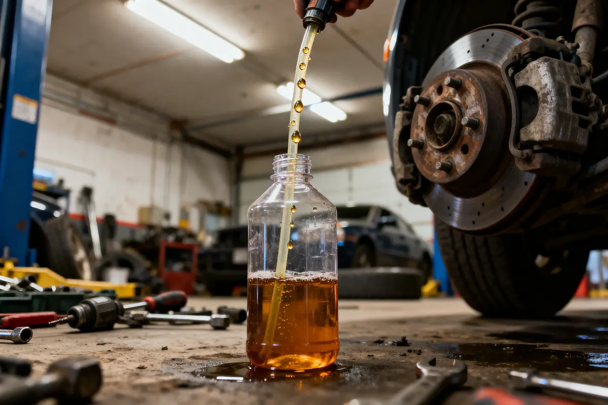 Liquide automobile versé dans une bouteille en plastique dans un atelier de mécanique, outils et frein visibles.